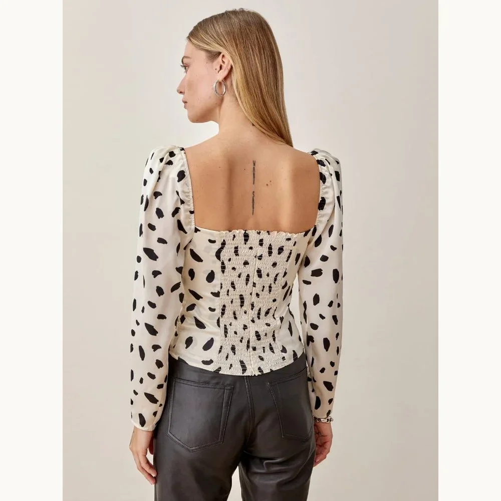 NWT Reformation Abigale Silk Puff Sleeve Square Neck Top in Cream/Ink Size 6